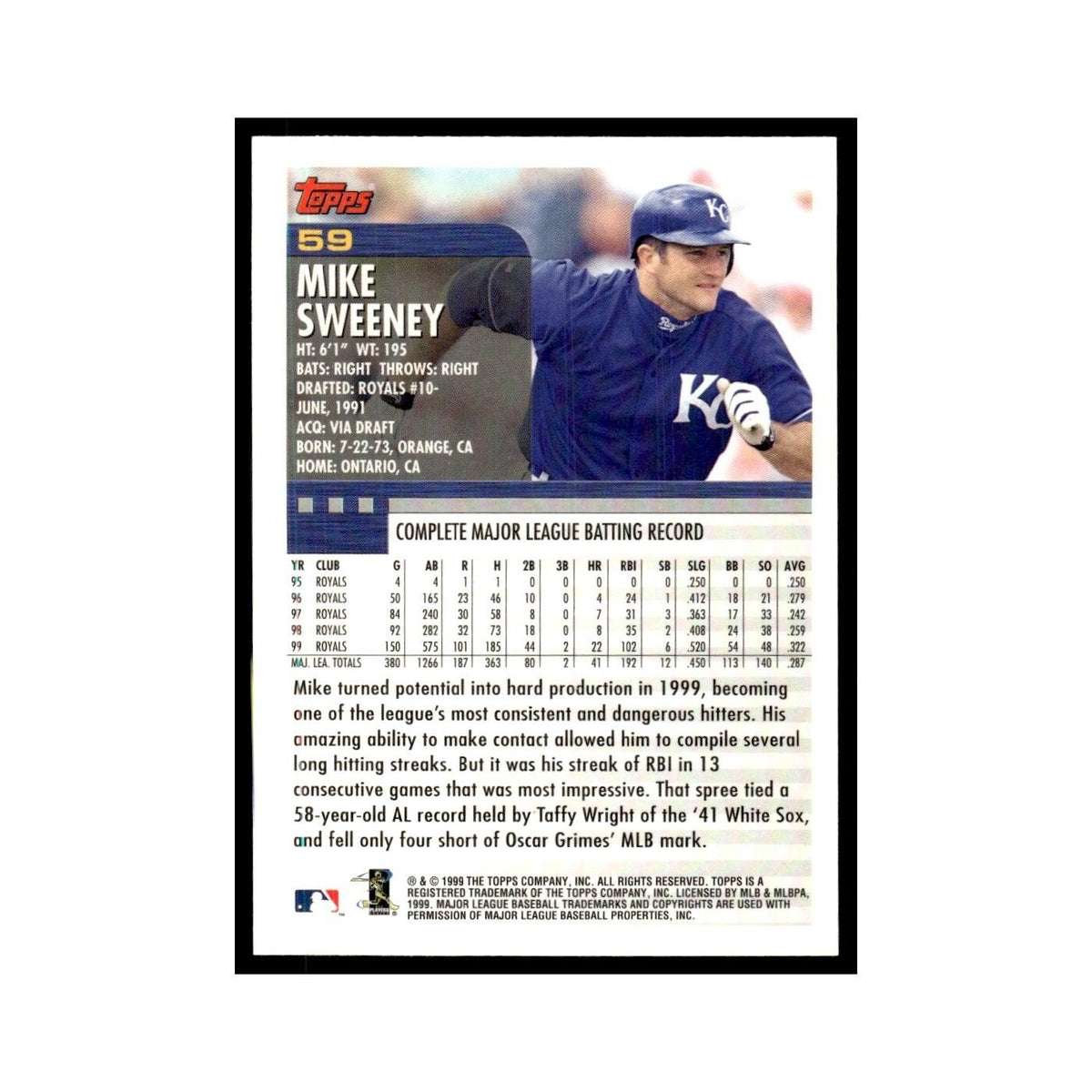 Mike Sweeney 2000 Topps #59 Kansas City Royals Baseball Card NM
