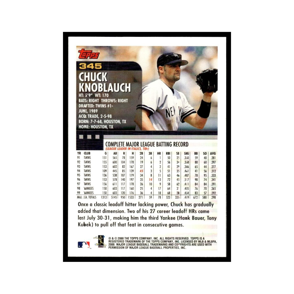 Chuck Knoblauch 2000 Topps #345 New York Yankees Baseball Card NM