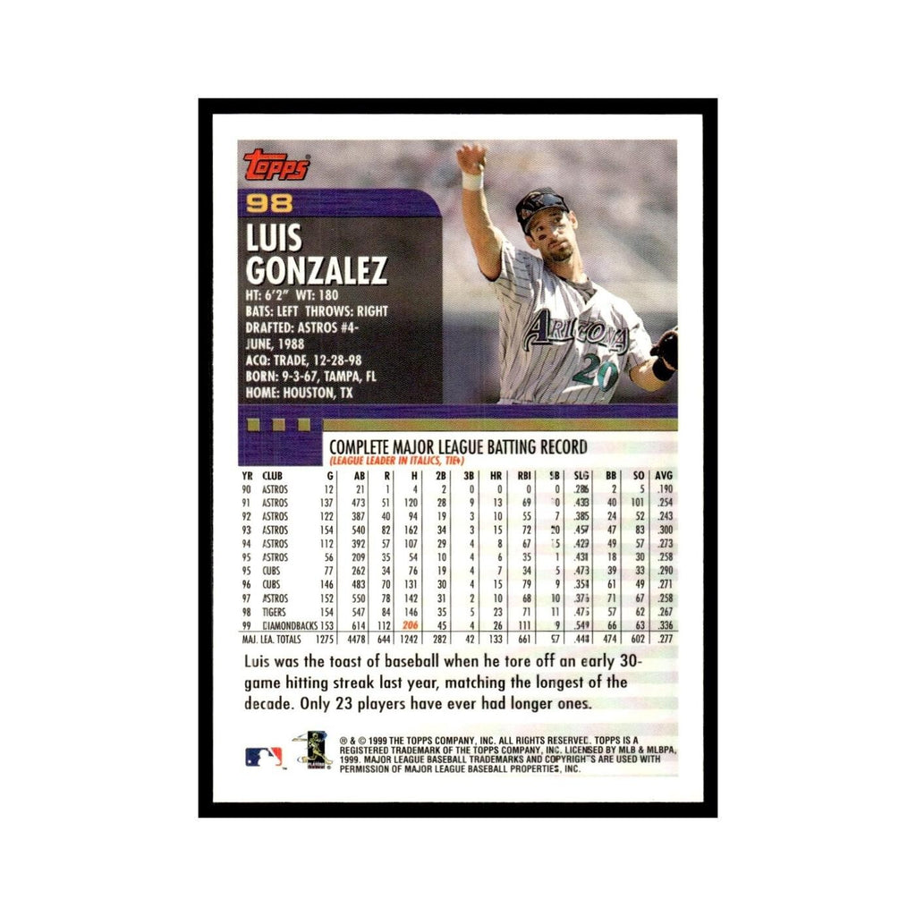 Luis Gonzalez 2000 Topps #98 Arizona Diamondbacks Baseball Card NM