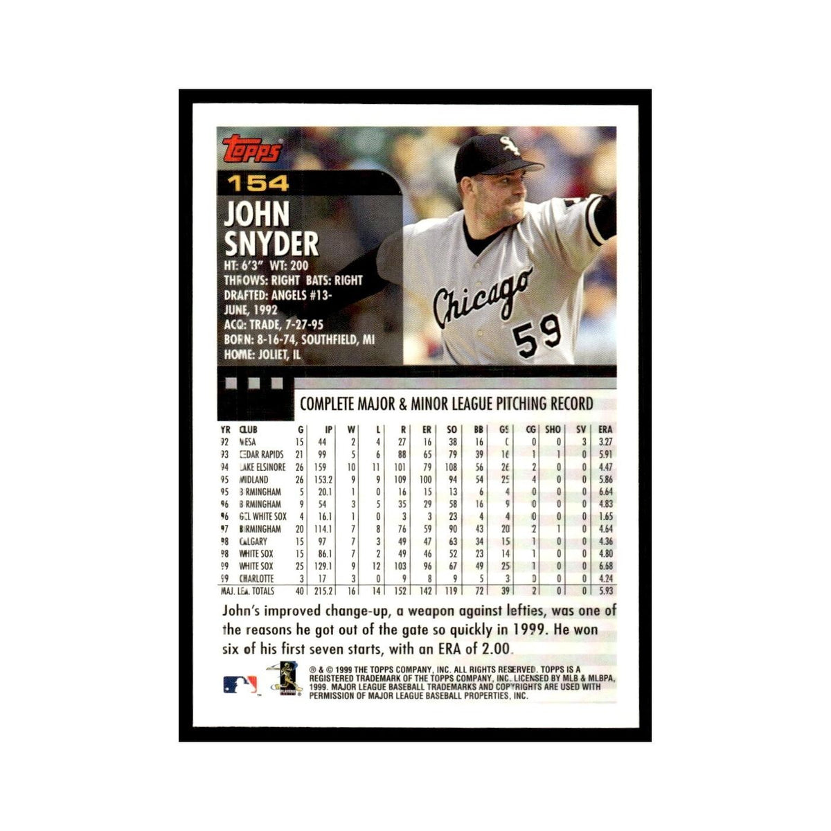 John Snyder 2000 Topps #154 Chicago White Sox Baseball Card NM