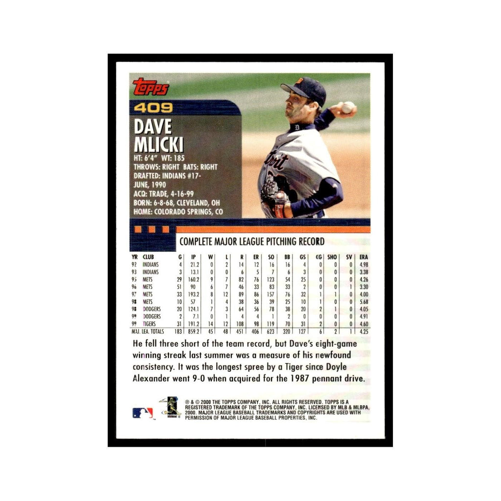 Dave Mlicki 2000 Topps #409 Detroit Tigers Baseball Card NM