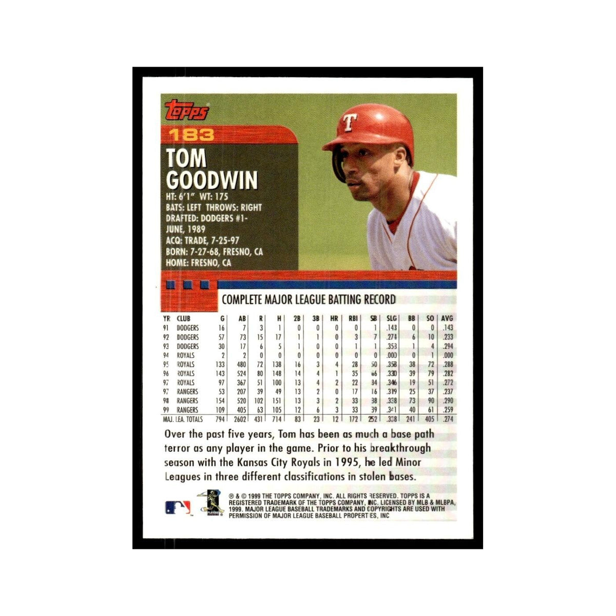 Tom Goodwin 2000 Topps #183 Texas Rangers Baseball Card NM