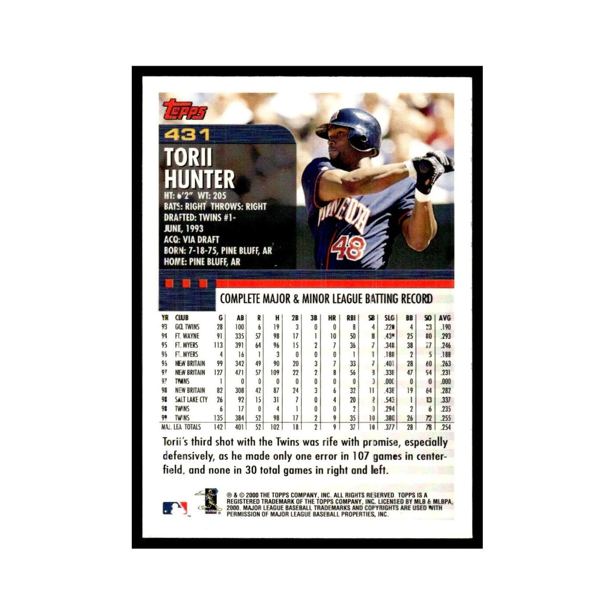 Torii Hunter 2000 Topps #431 Minnesota Twins Baseball Card NM