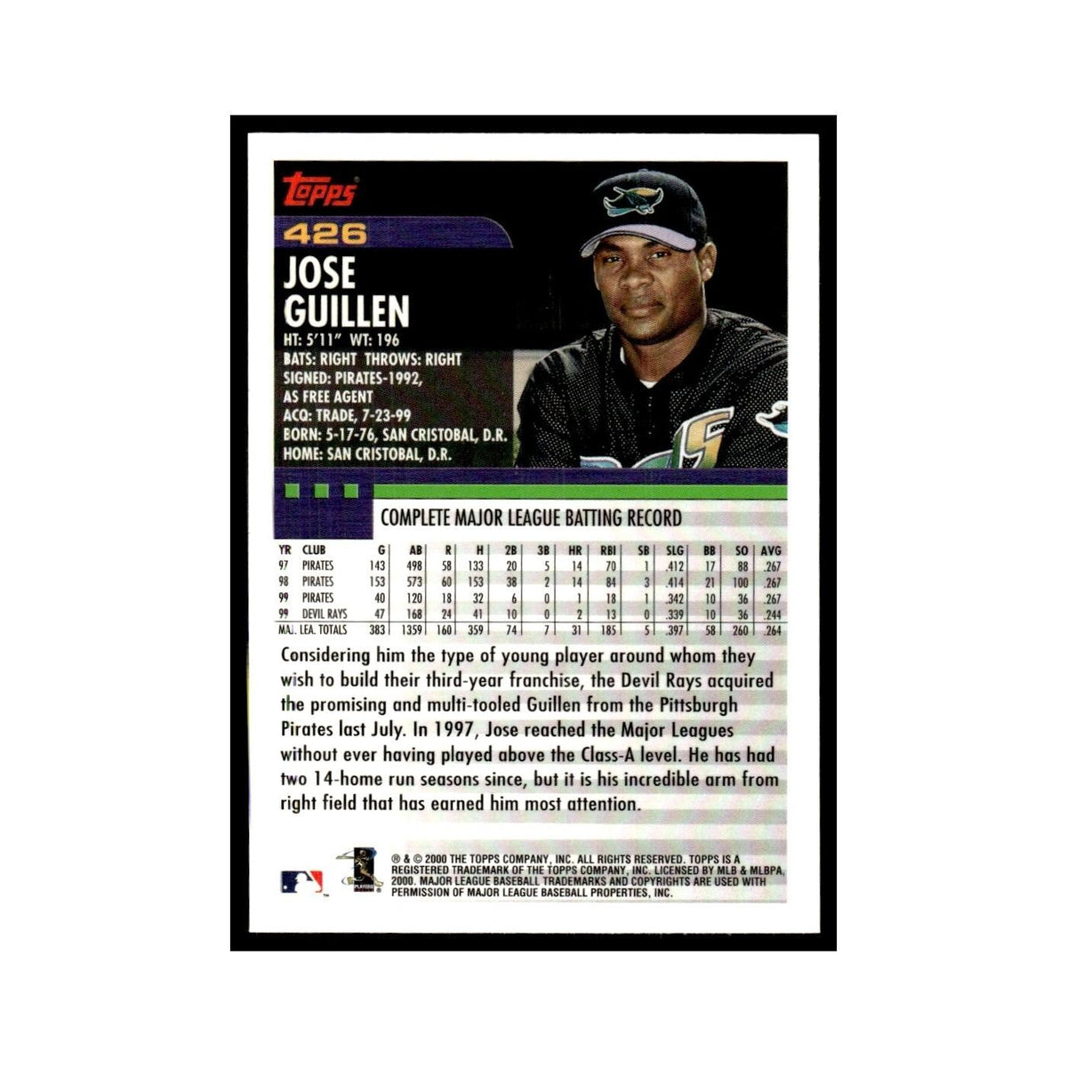 Jose Guillen 2000 Topps #426 Tampa Bay Devil Rays Baseball Card NM