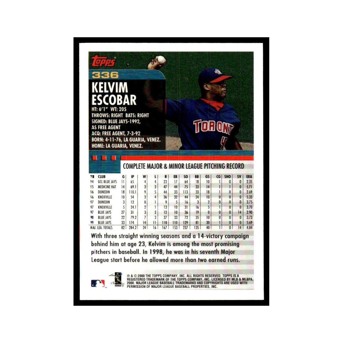 Kelvim Escobar 2000 Topps #336 Toronto Blue Jays Baseball Card NM