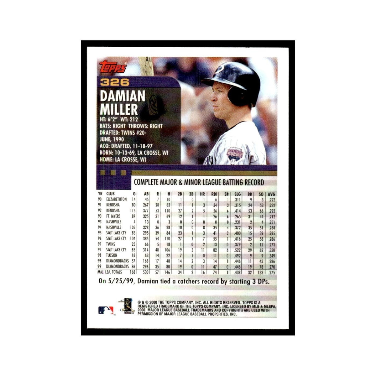 Damian Miller 2000 Topps #326 Arizona Diamondbacks Baseball Card NM