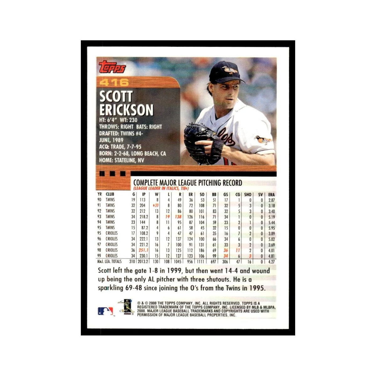 Scott Erickson 2000 Topps #416 Baltimore Orioles Baseball Card NM