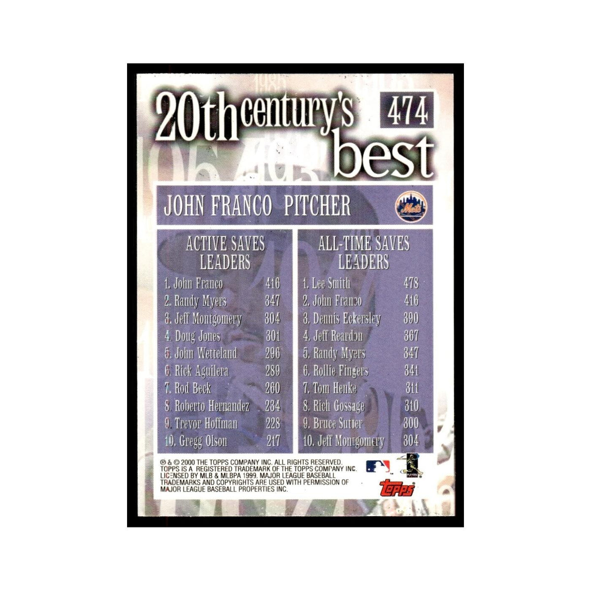 John Franco 2000 Topps #474 New York Mets Baseball Card NM