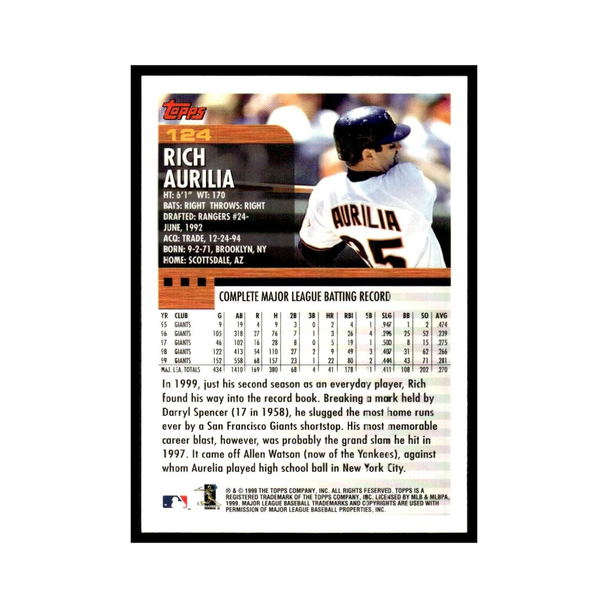 Rich Aurilia 2000 Topps #124 San Francisco Giants Baseball Card NM