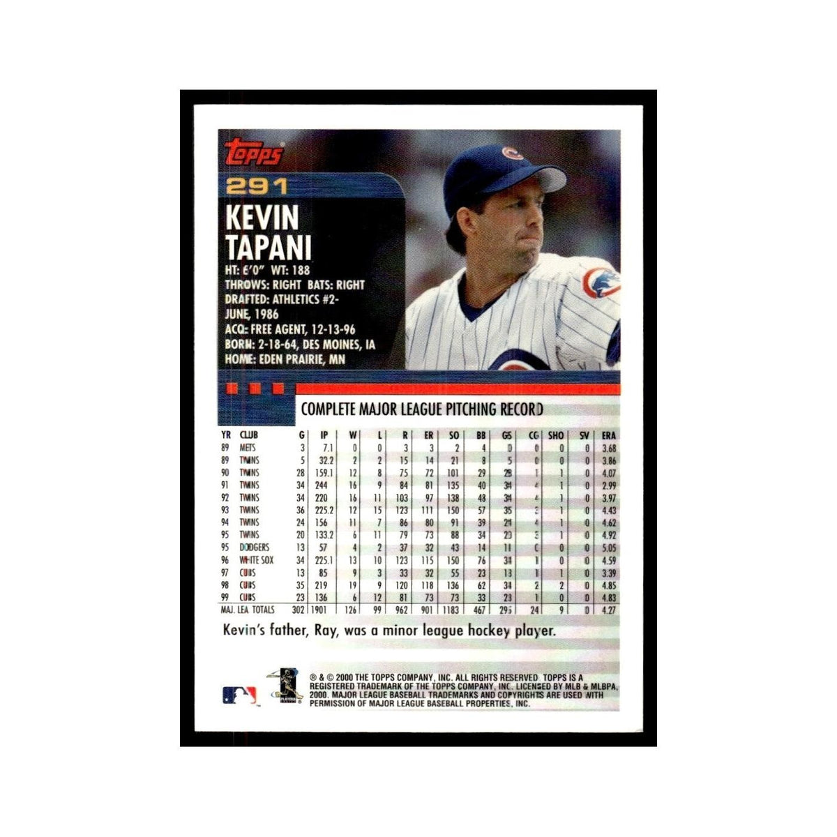 Kevin Tapani 2000 Topps #291 Chicago Cubs Baseball Card NM