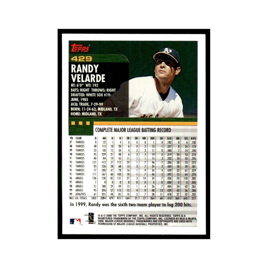 Randy Velarde 2000 Topps #429 Oakland Athletics Baseball Card NM