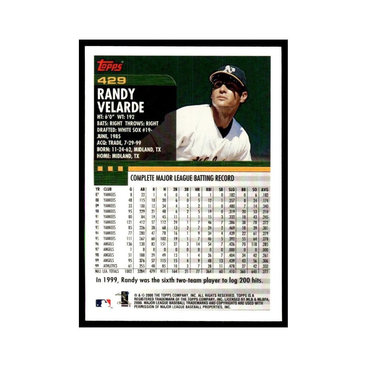 Randy Velarde 2000 Topps #429 Oakland Athletics Baseball Card NM