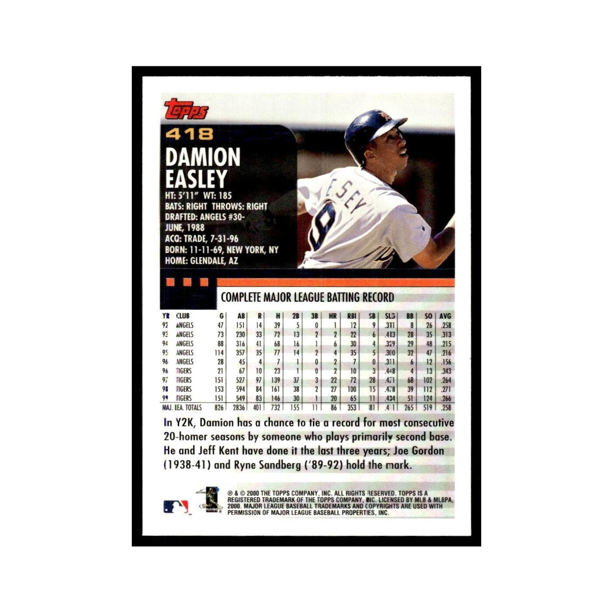 Damion Easley 2000 Topps #418 Detroit Tigers Baseball Card NM