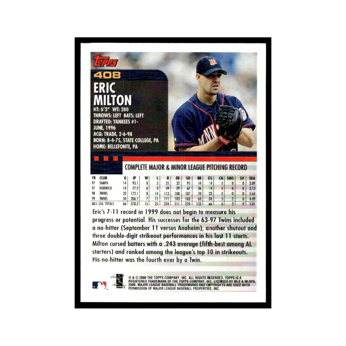 Eric Milton 2000 Topps #408 Minnesota Twins Baseball Card NM