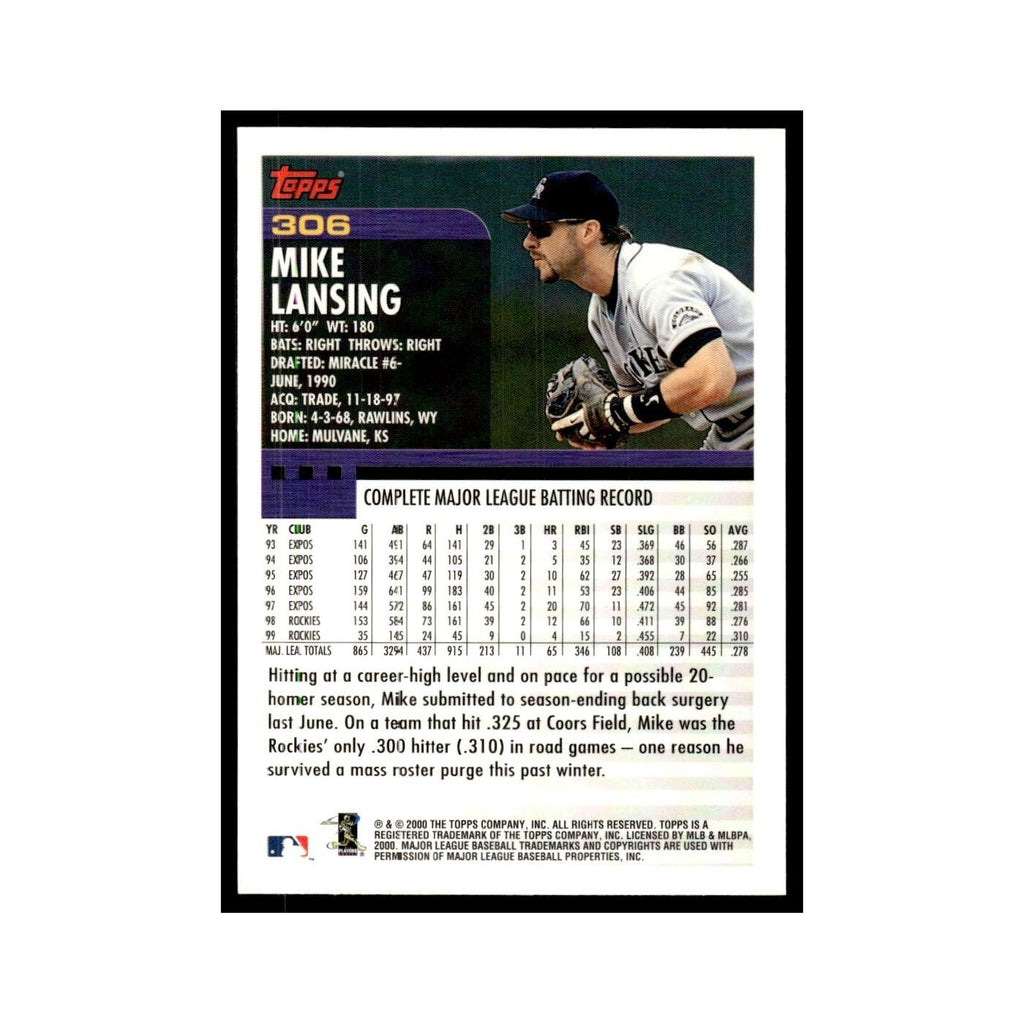 Mike Lansing 2000 Topps #306 Colorado Rockies Baseball Card NM