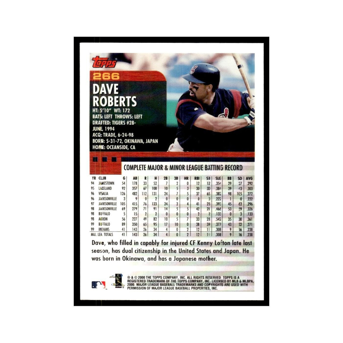 Dave Roberts 2000 Topps #266 Cleveland Indians Baseball Card NM