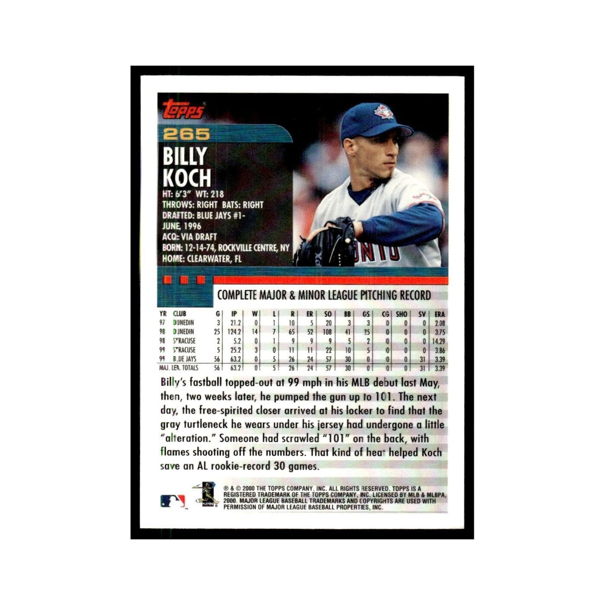 Billy Koch 2000 Topps #265 Toronto Blue Jays Baseball Card NM