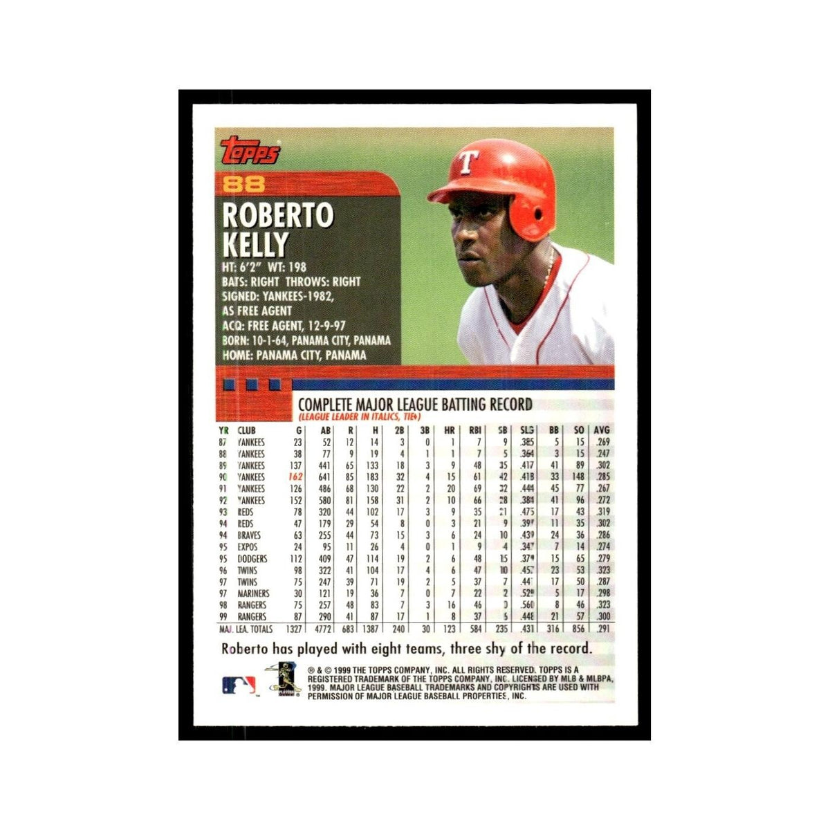 Roberto Kelly 2000 Topps #88 Texas Rangers Baseball Card NM