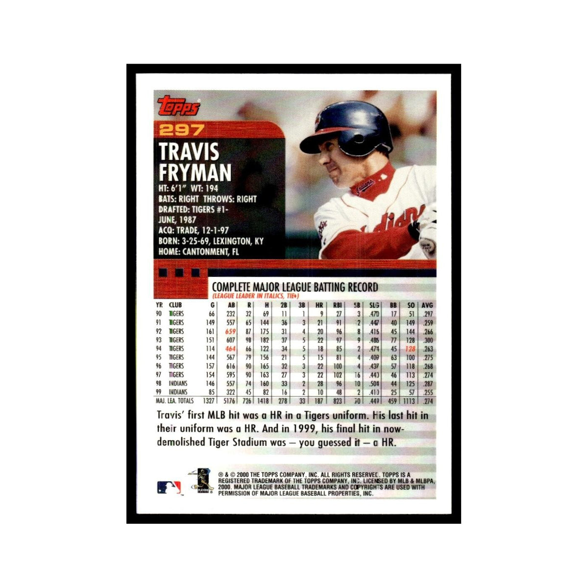 Travis Fryman 2000 Topps #297 Cleveland Indians Baseball Card NM