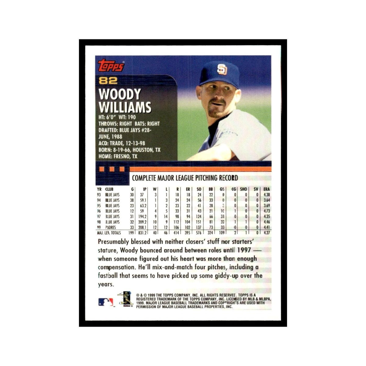 Woody Williams 2000 Topps #82 San Diego Padres Baseball Card NM