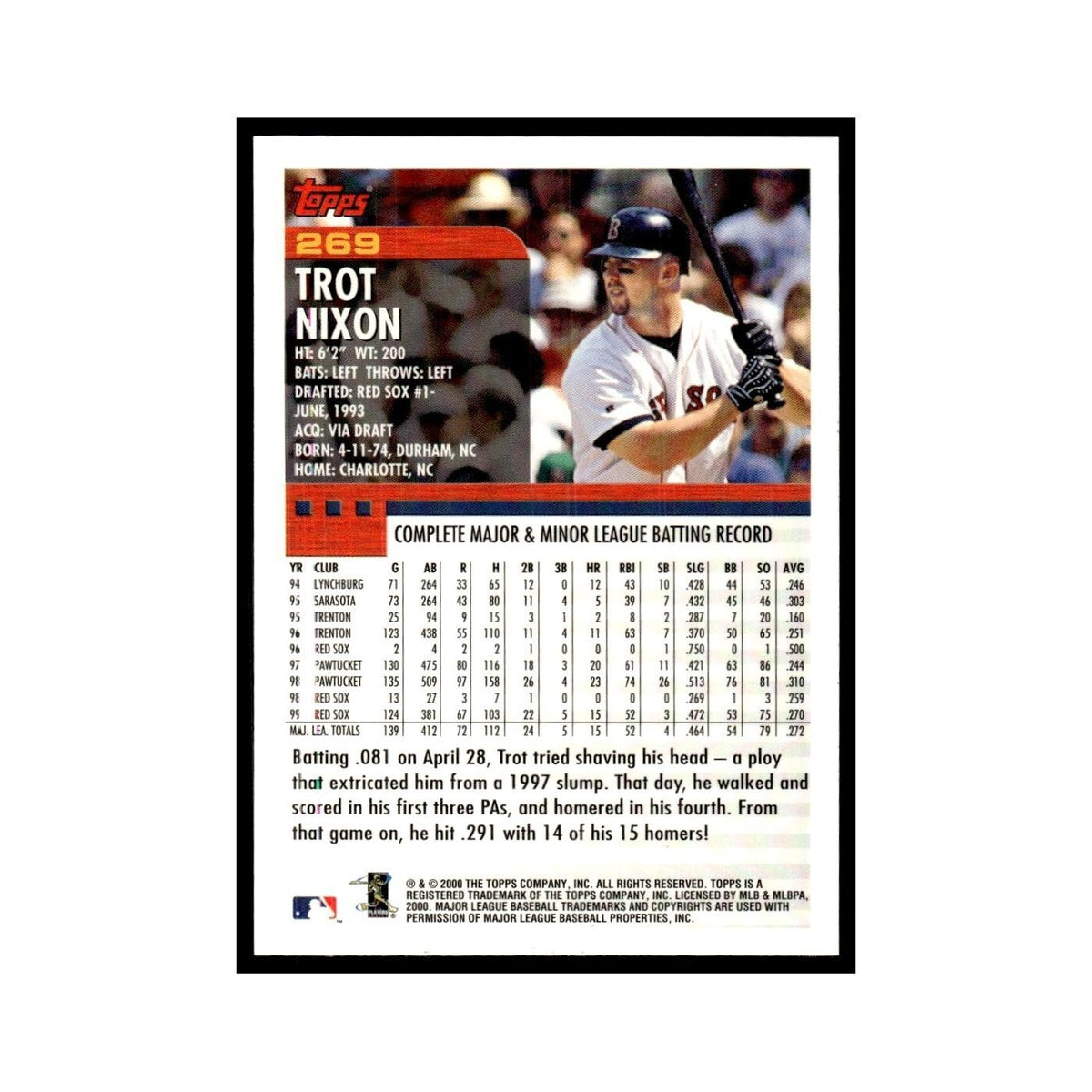 Trot Nixon 2000 Topps #269 Boston Red Sox Baseball Card NM