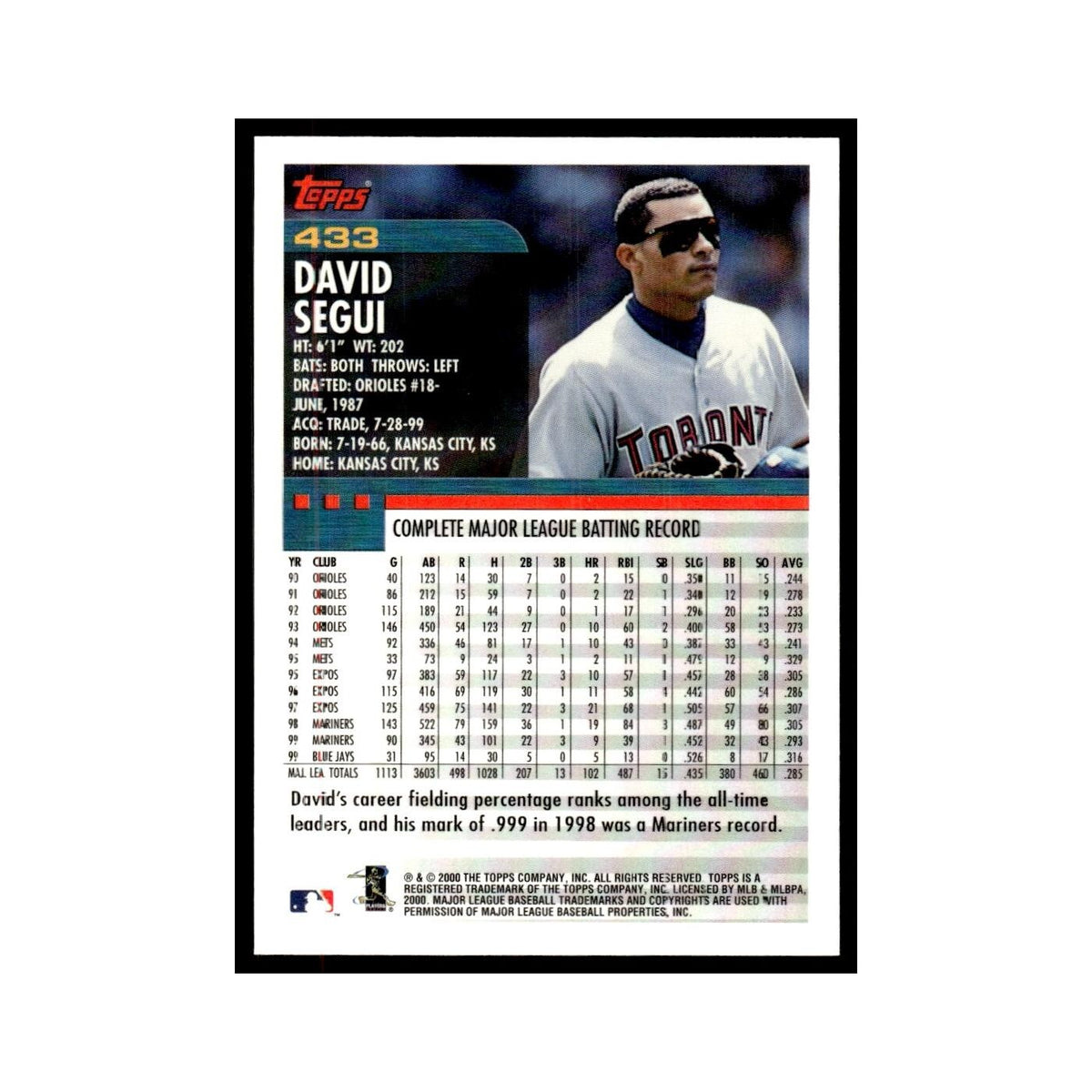 David Segui 2000 Topps #433 Toronto Blue Jays Baseball Card NM