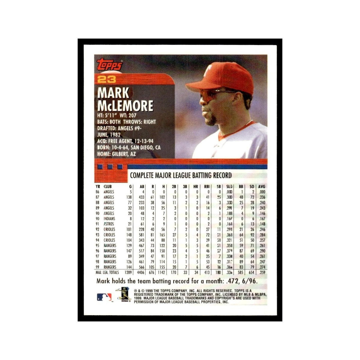 Mark McLemore 2000 Topps #23 Texas Rangers Baseball Card NM