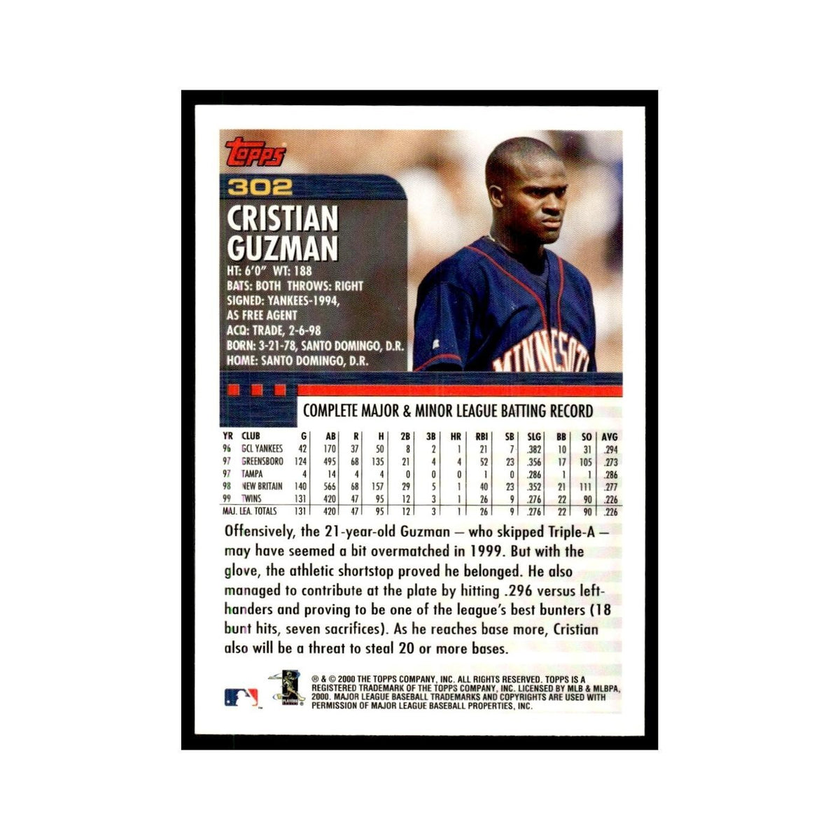 Cristian Guzman 2000 Topps #302 Minnesota Twins Baseball Card NM