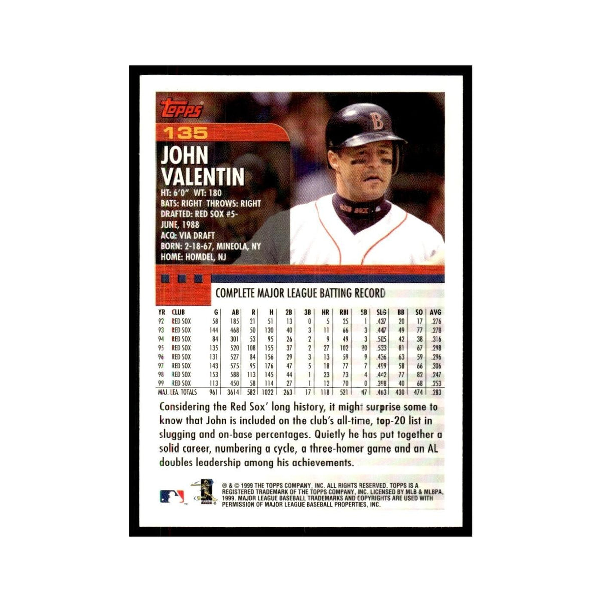 John Valentin 2000 Topps #135 Boston Red Sox Baseball Card NM
