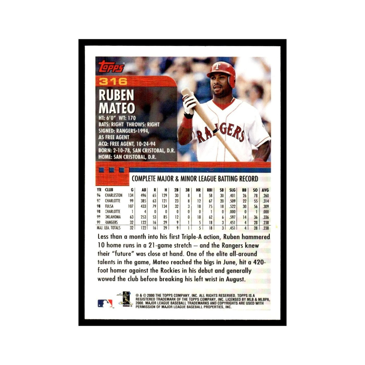Ruben Mateo 2000 Topps #316 Texas Rangers Baseball Card NM