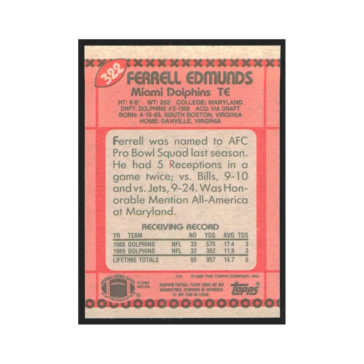 1990 Topps Ferrell Edmunds Dolphins #322