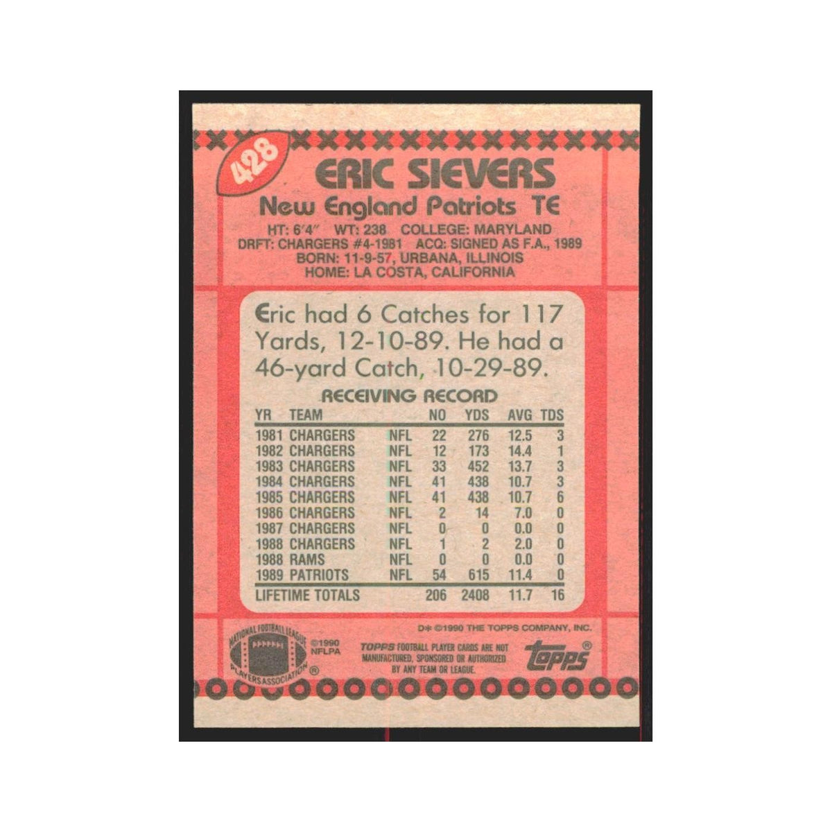 1990 Topps Eric Sievers RC Patriots #428