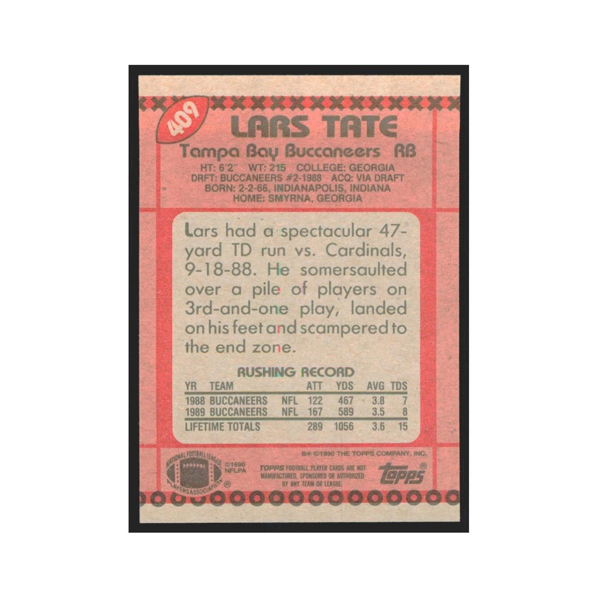 1990 Topps Lars Tate Buccaneers #409