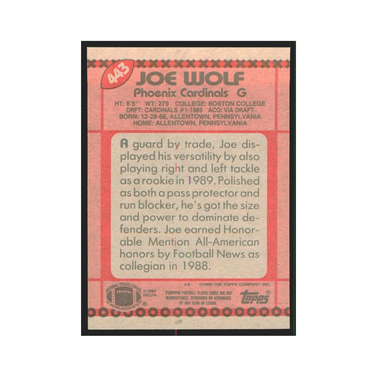 1990 Topps Joe Wolf Phoenix Cardinals #443