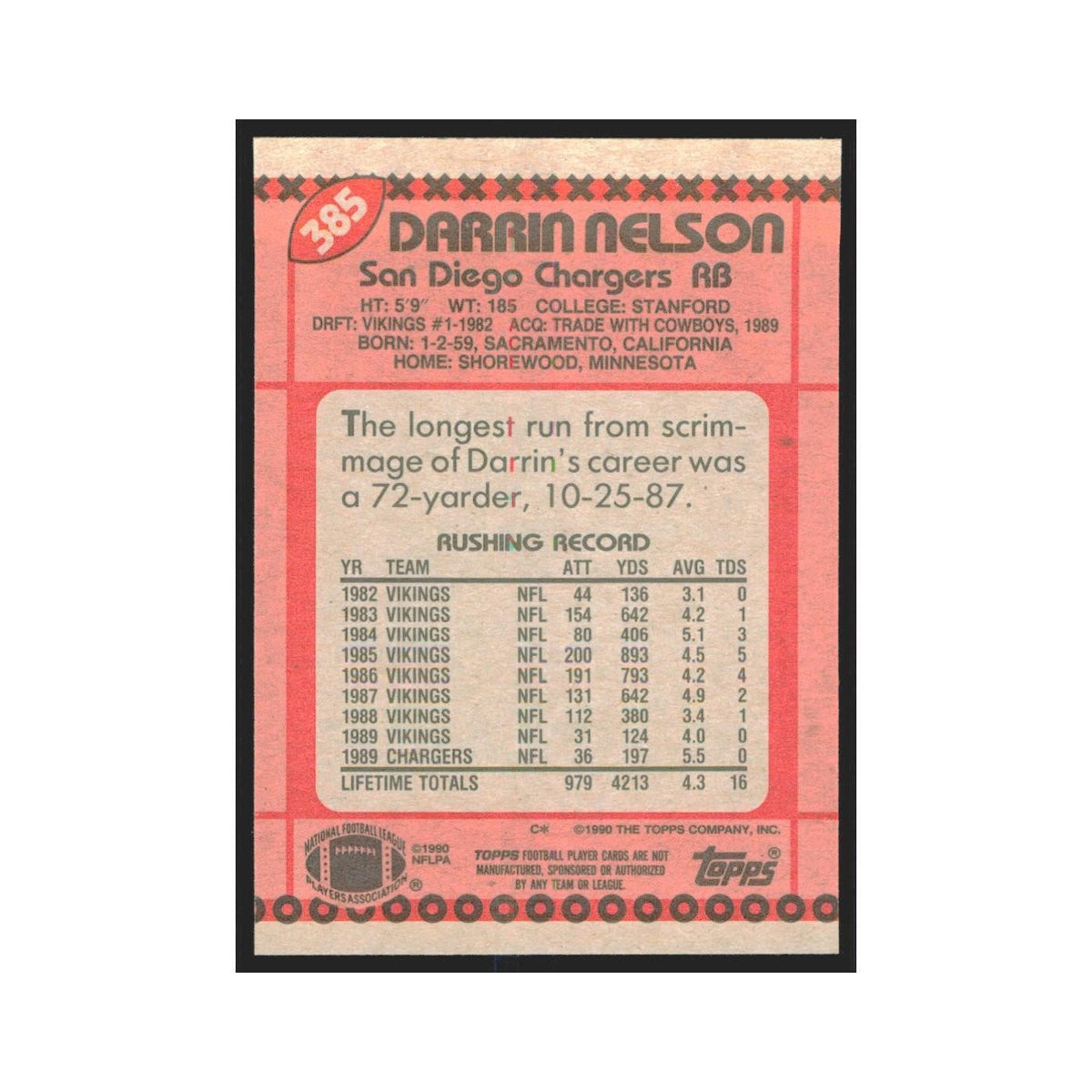 1990 Topps Darrin Nelson San Diego Chargers #385