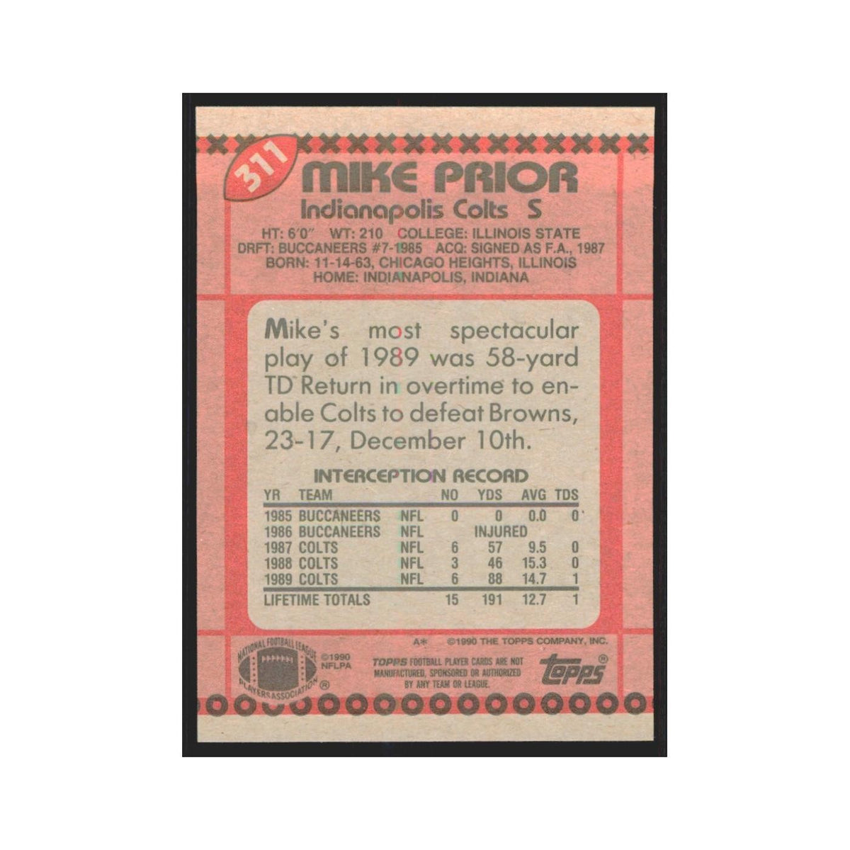 1990 Topps Mike Prior Colts #311
