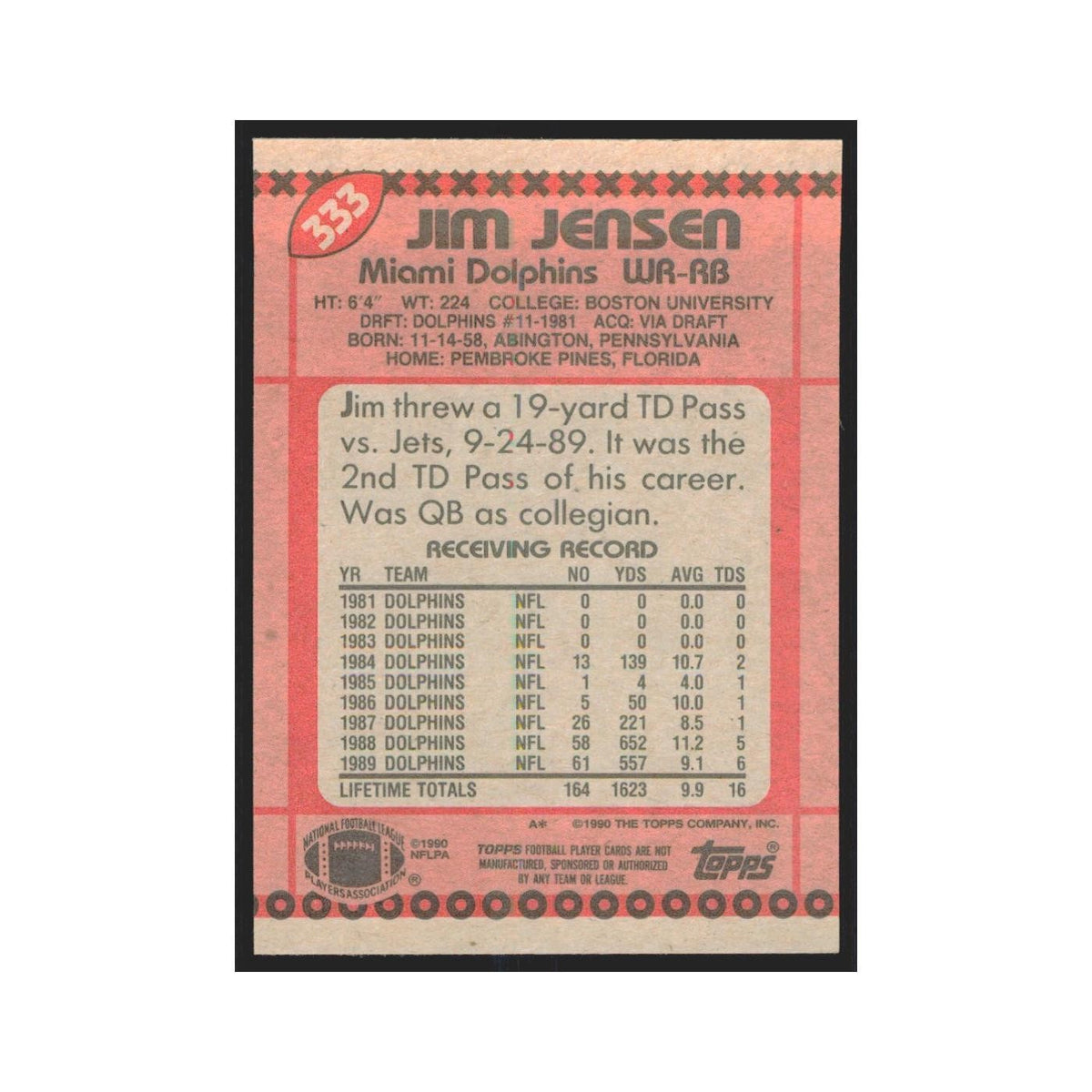 1990 Topps Jim Jensen Dolphins #333