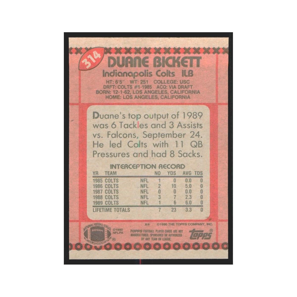 1990 Topps Duane Bickett Colts #314