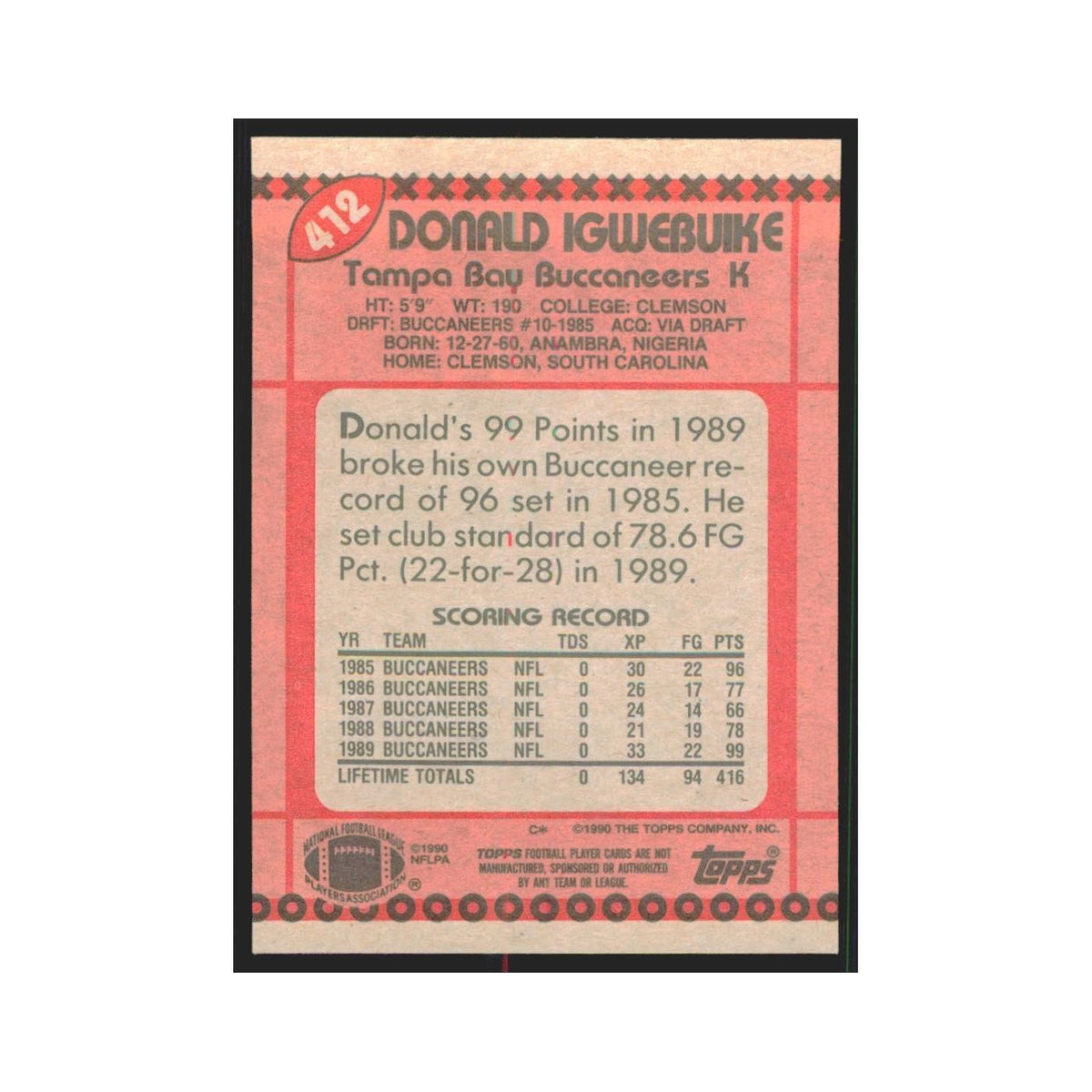 1990 Topps Donald Igwebuike Buccaneers #412