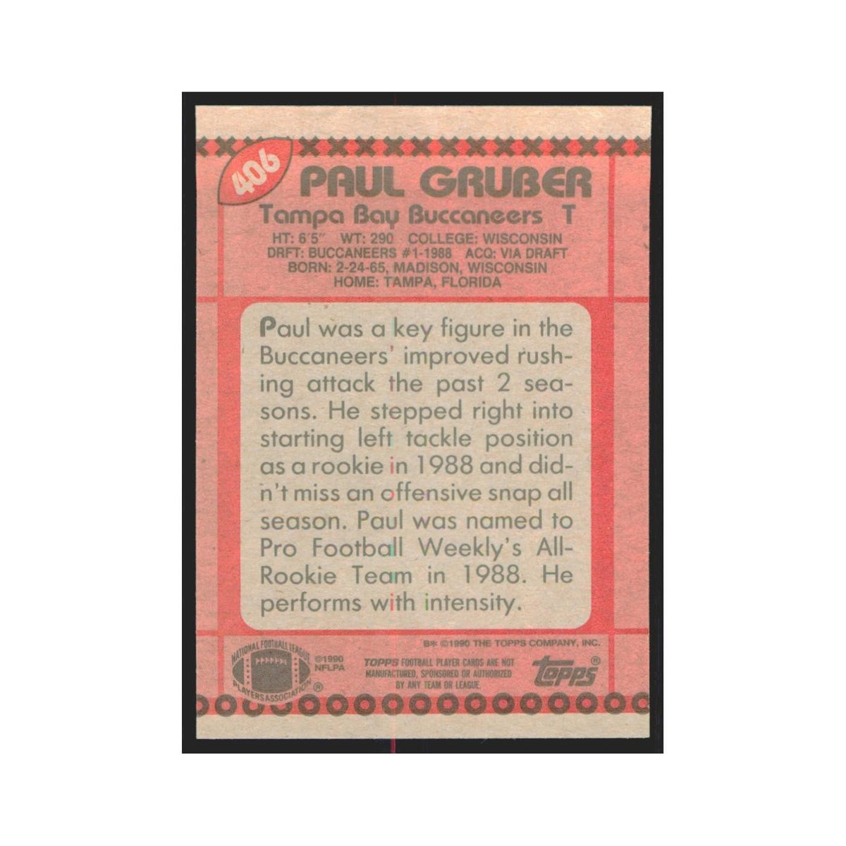 1990 Topps Paul Gruber Buccaneers #406