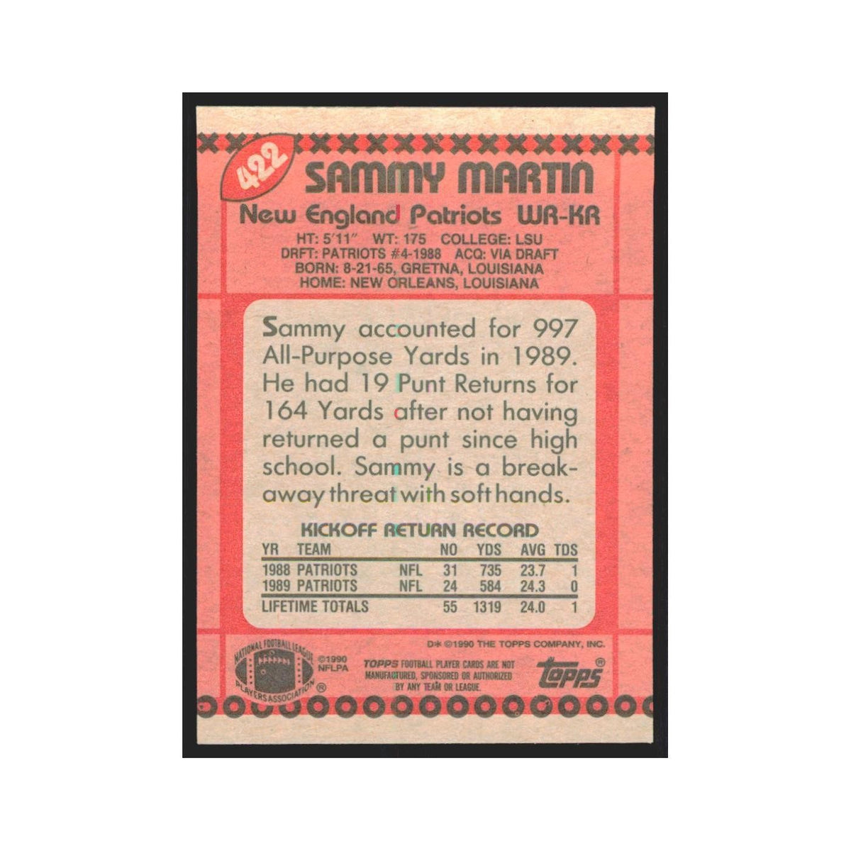 1990 Topps Sammy Martin RC Patriots #422