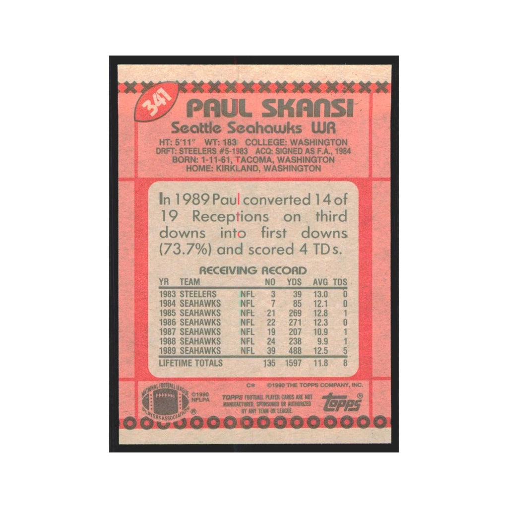 1990 Topps Paul Skansi RC Seahawks #341