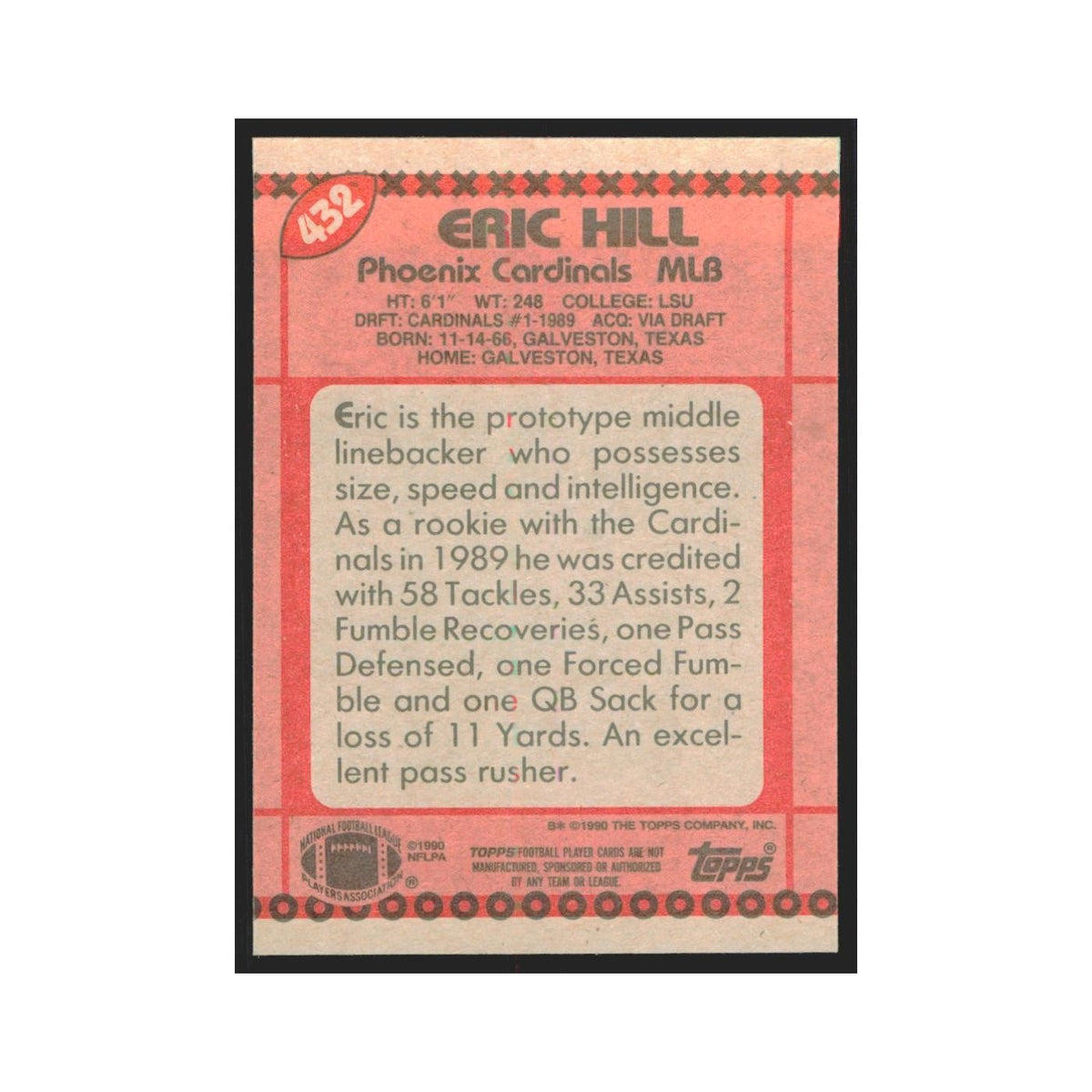 1990 Topps Eric Hill Phoenix Cardinals #432