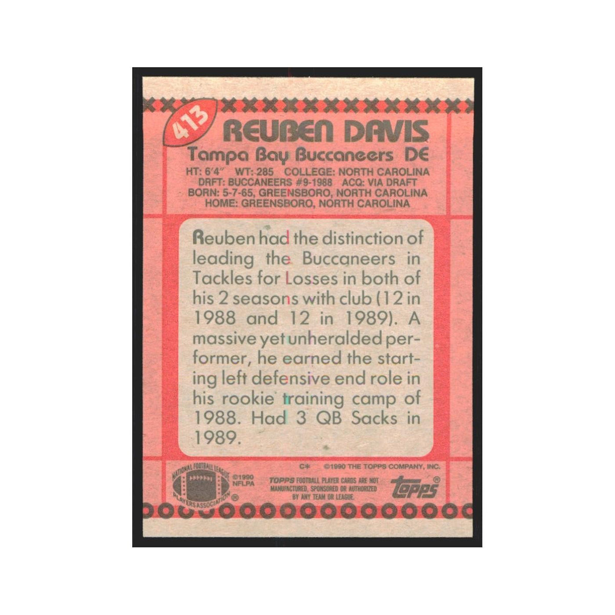 1990 Topps Reuben Davis Buccaneers #413