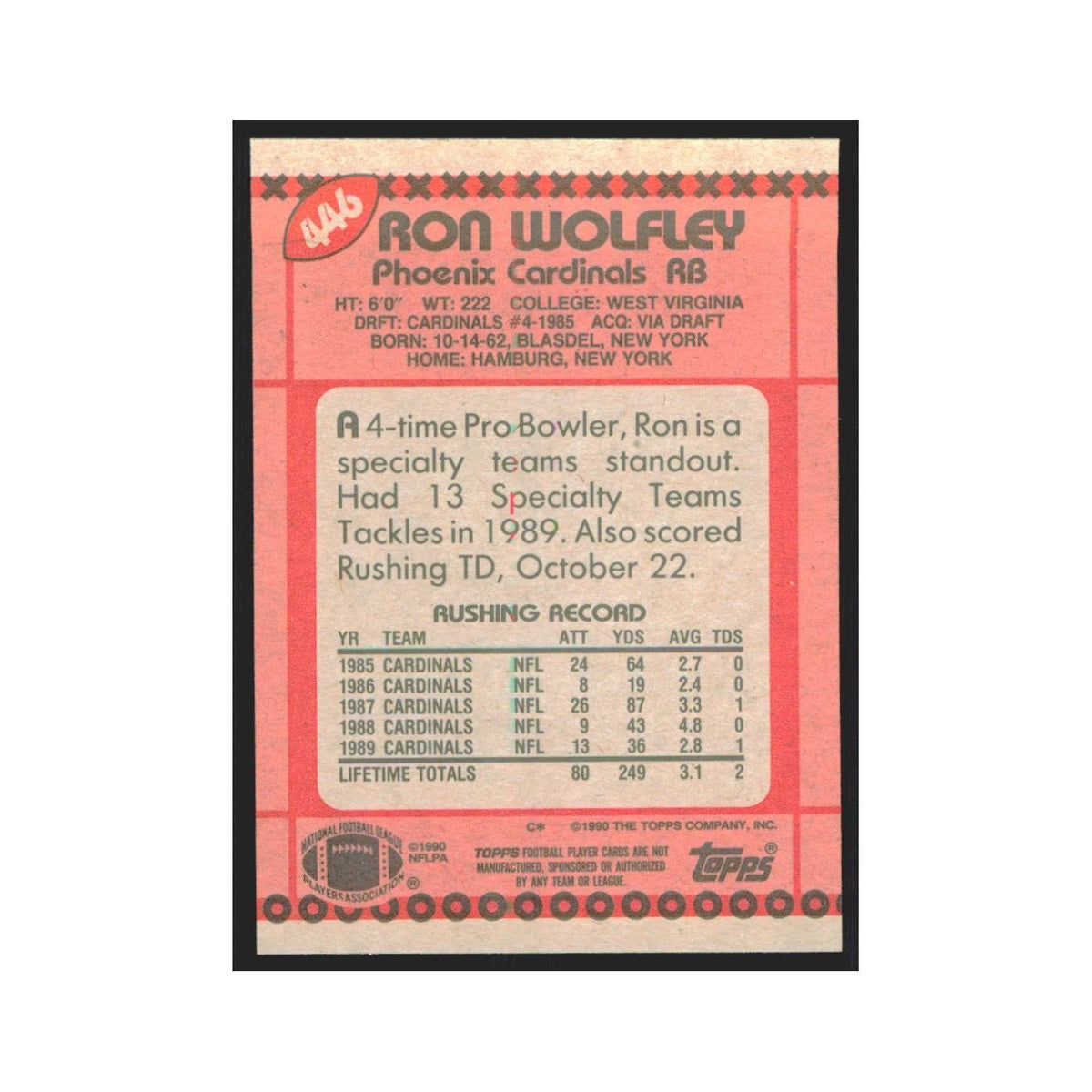 1990 Topps Ron Wolfley Phoenix Cardinals #446