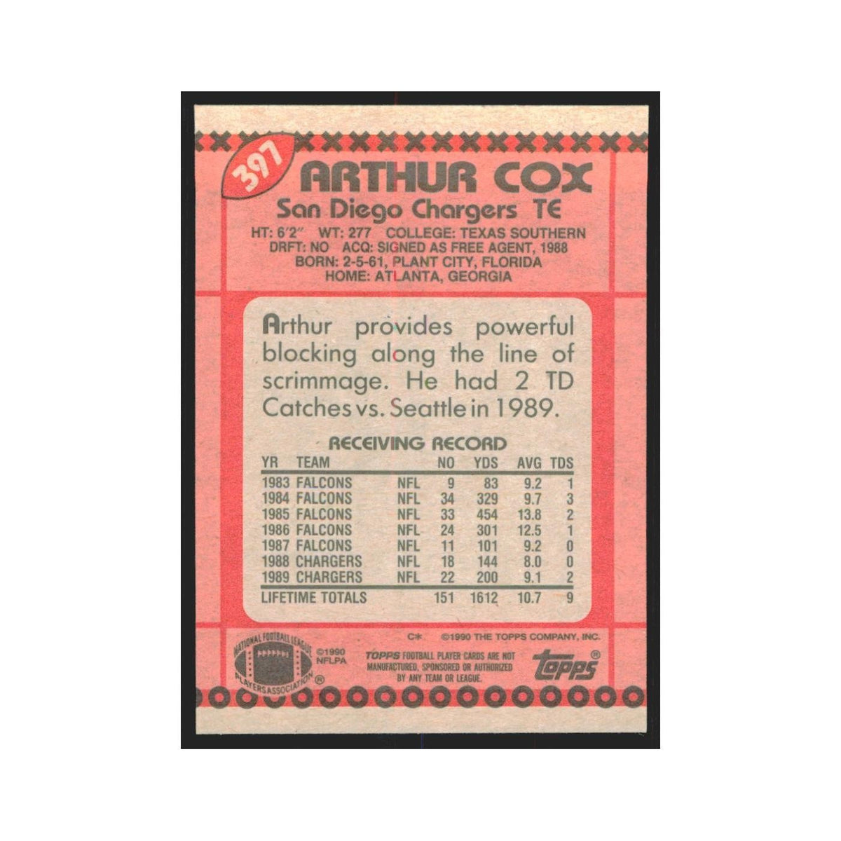1990 Topps Arthur Cox San Diego Chargers #397