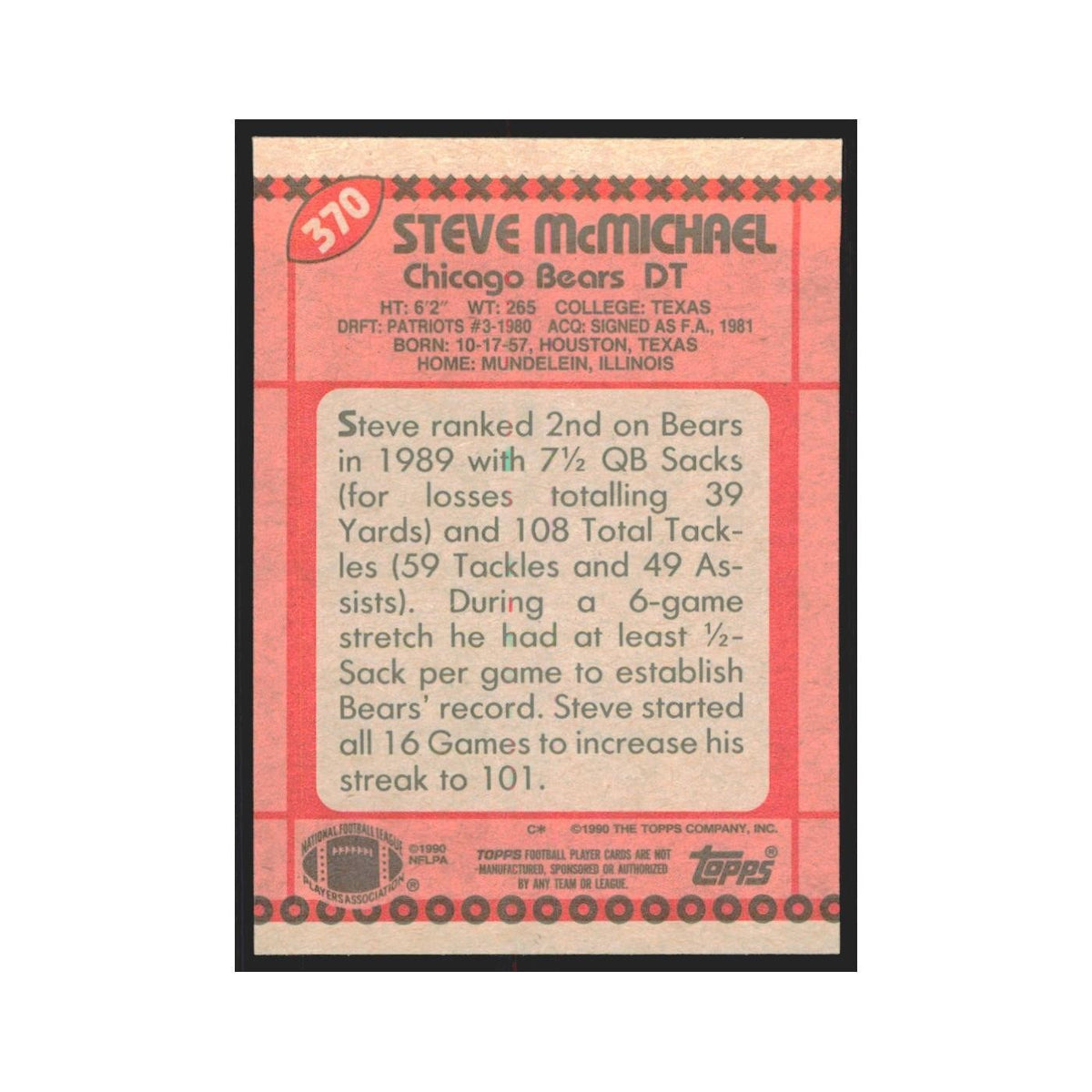 1990 Topps Steve McMichael Bears #370
