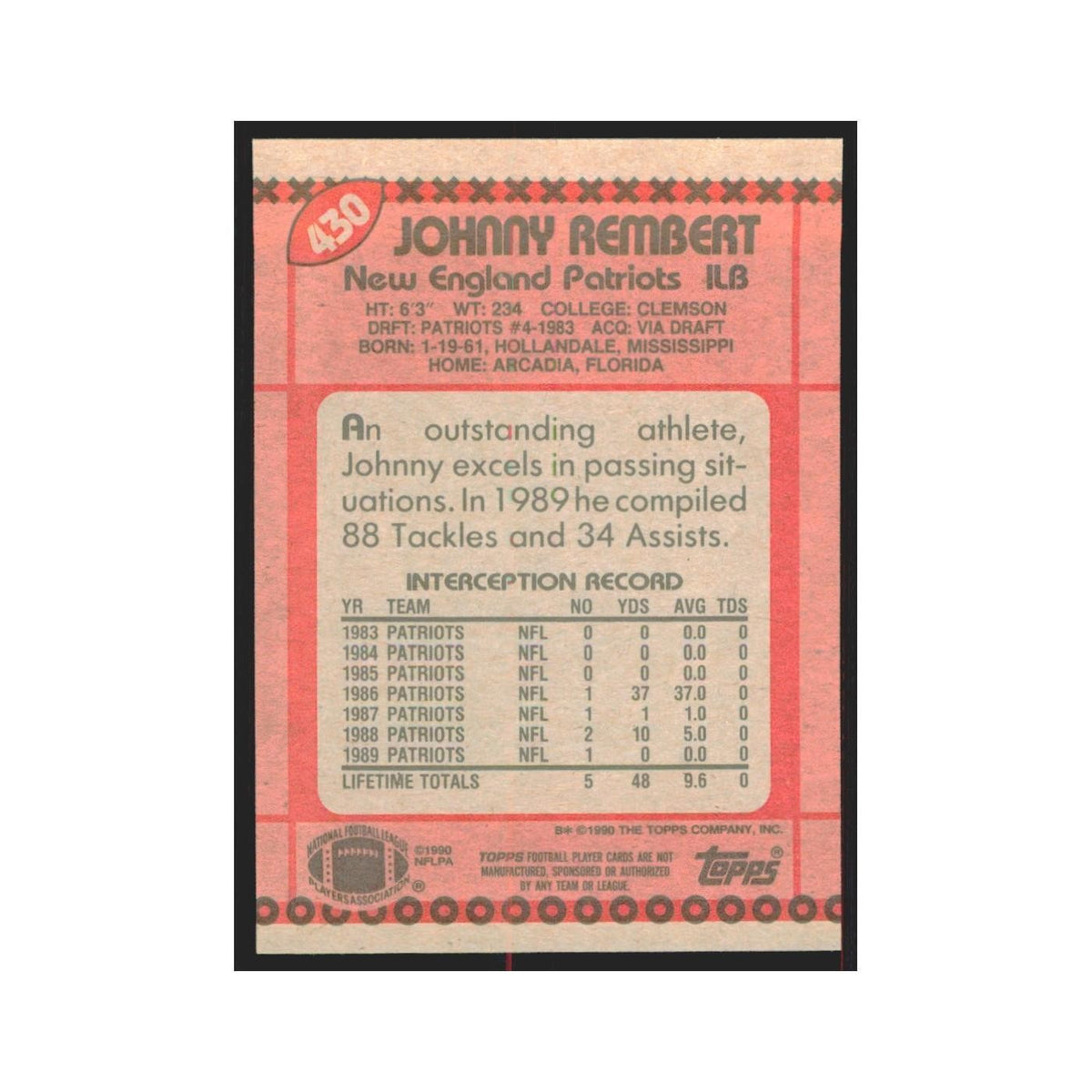 1990 Topps Johnny Rembert Patriots #430