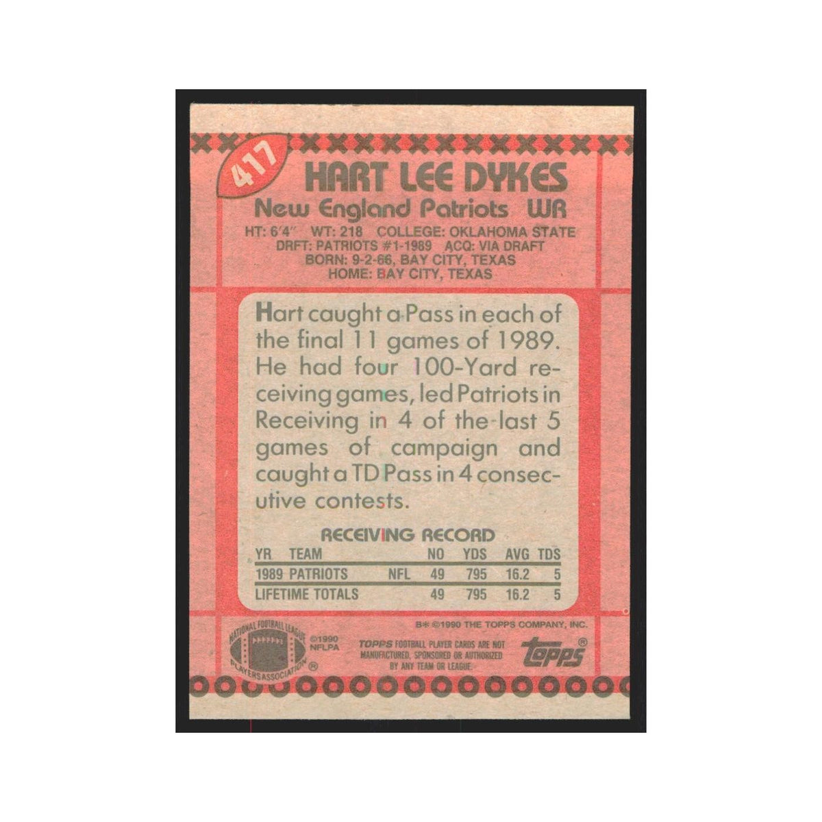 1990 Topps Hart Lee Dykes Patriots #417
