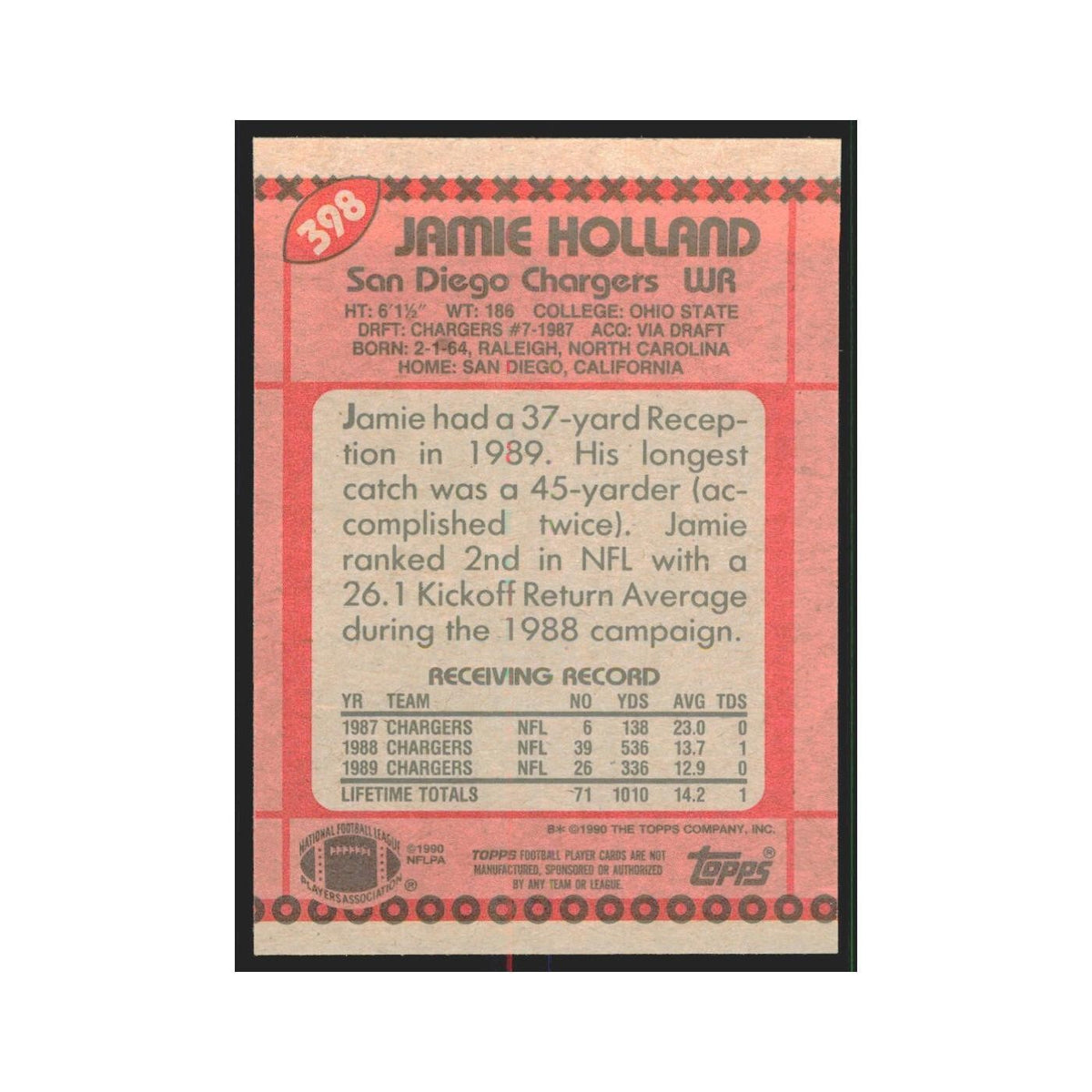 1990 Topps Jamie Holland San Diego Chargers #398
